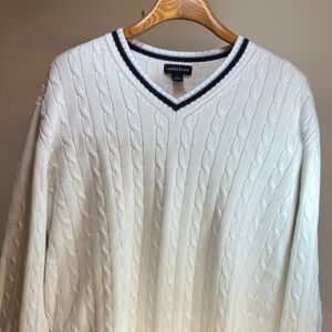 Lands' End White V-Neck Cable Knit Sweater